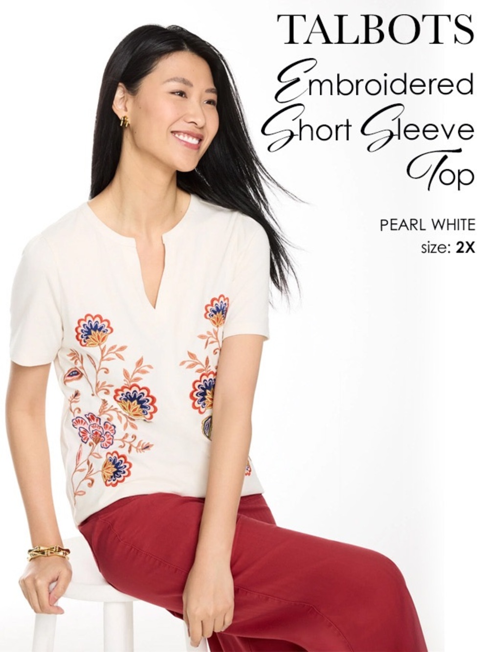 Talbots Pearl White Embroidered Short Sleeve Top with Multicolor Floral Motif